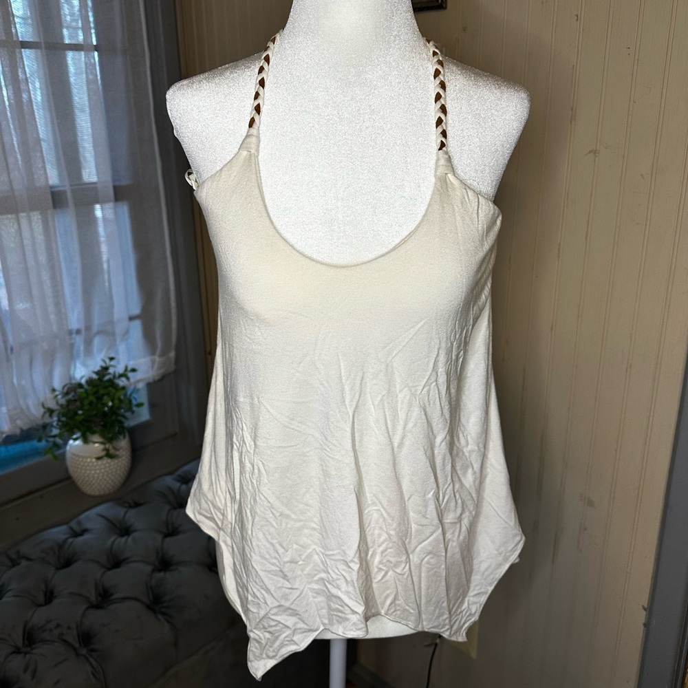Sky Boho Flowy Tank Top XS Cream Braided Straps Open Back Festival Y2K